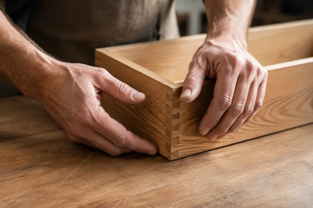 Due mani osservano l’angolo di un piccolo cassetto in legno su un banco da lavoro.