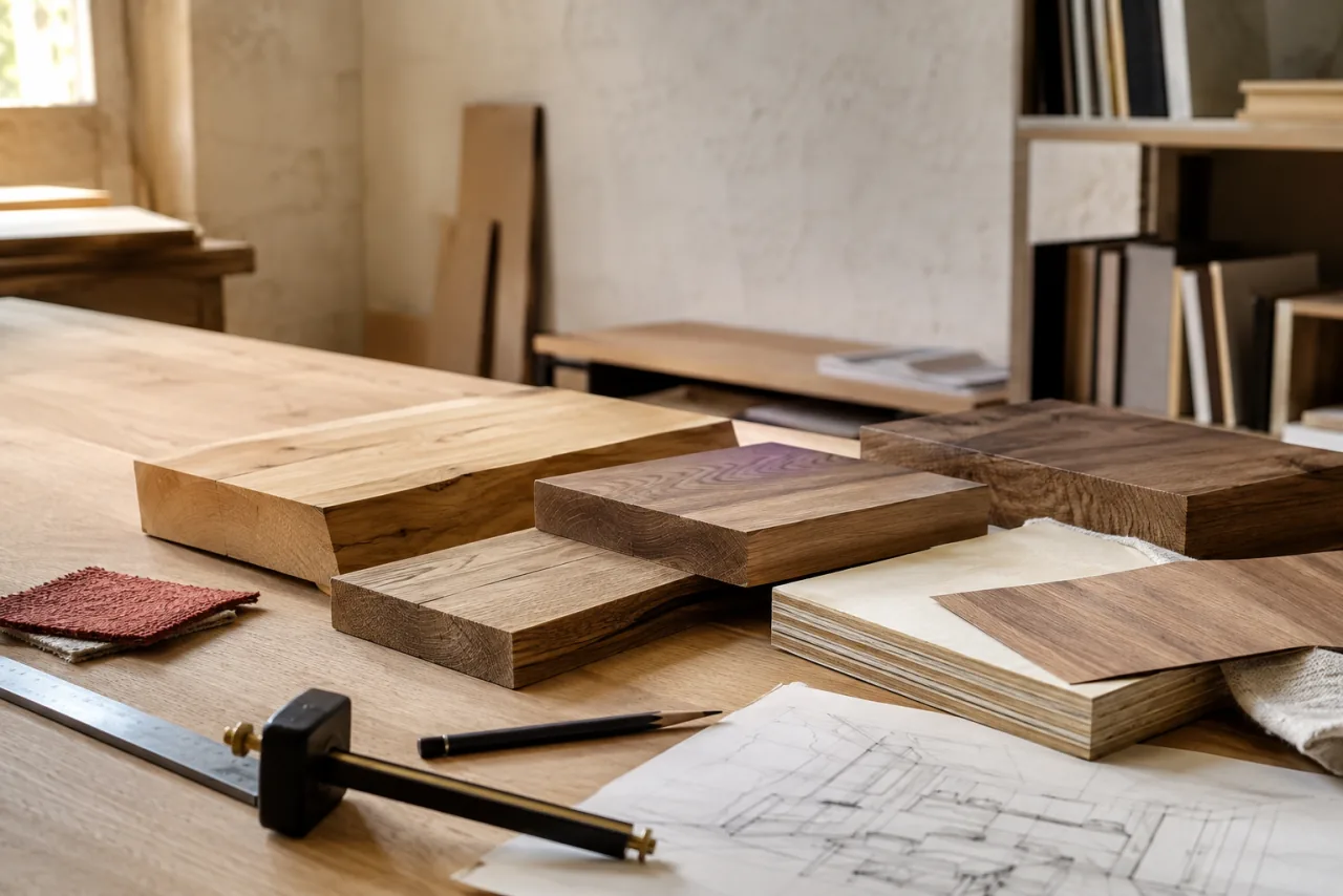 Campioni di legno massello, compensato, impiallacciatura e tessuto sono disposti con strumenti e un disegno su un banco luminoso.