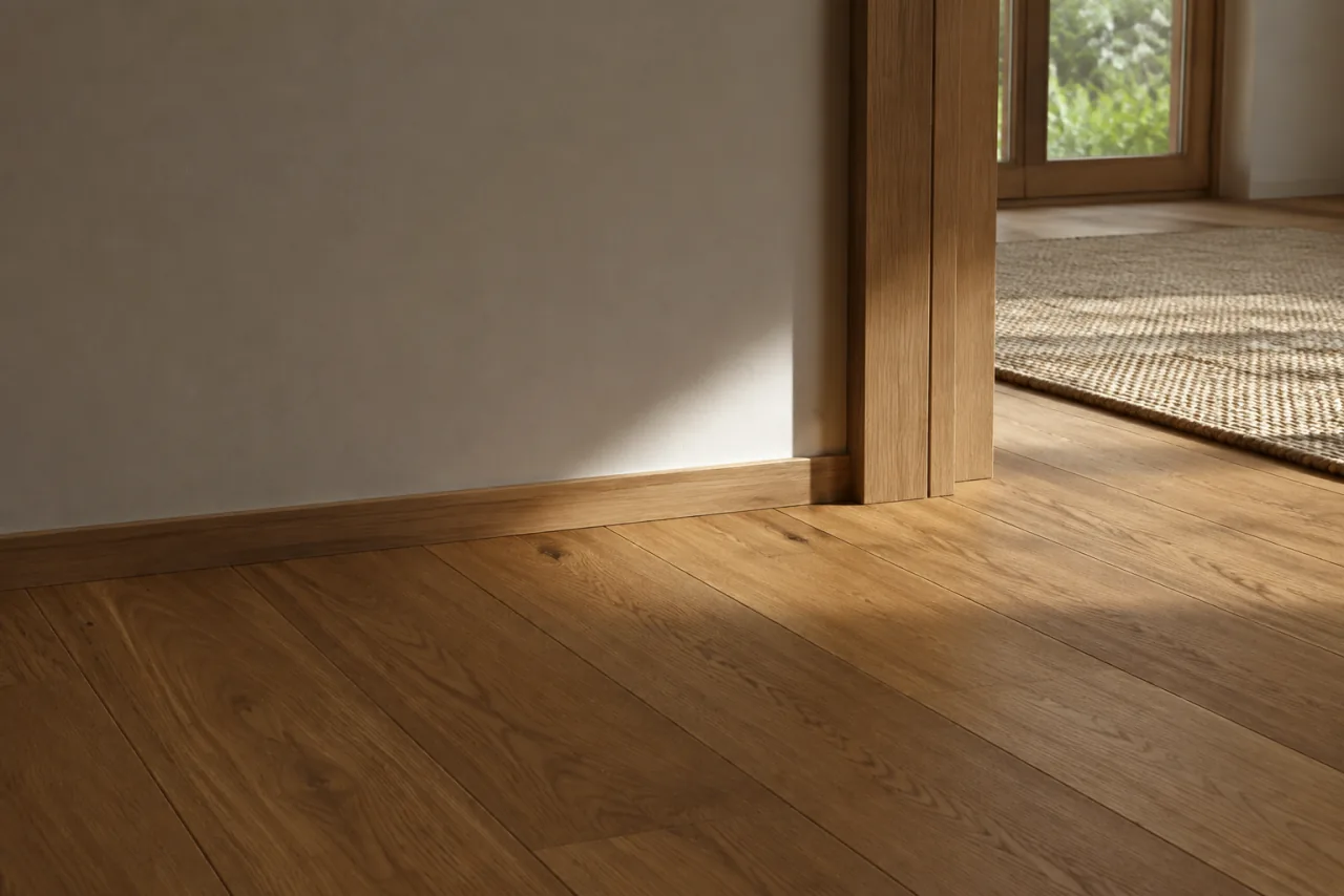 Un pavimento in legno attraversato dalla luce laterale, con giunti e raccordo alla parete visibili.