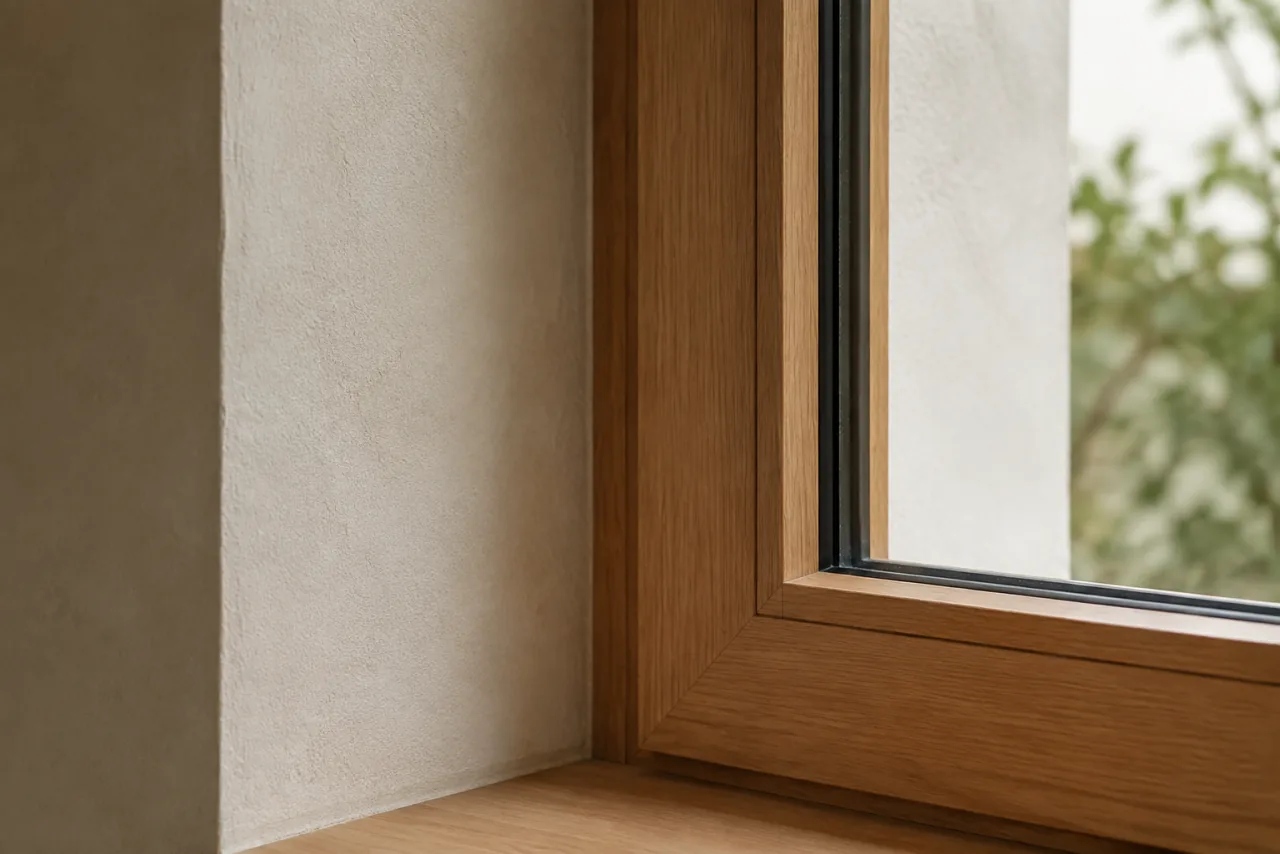 Telaio di una finestra in legno accostato a una parete chiara, con vetro e raccordo visibili.